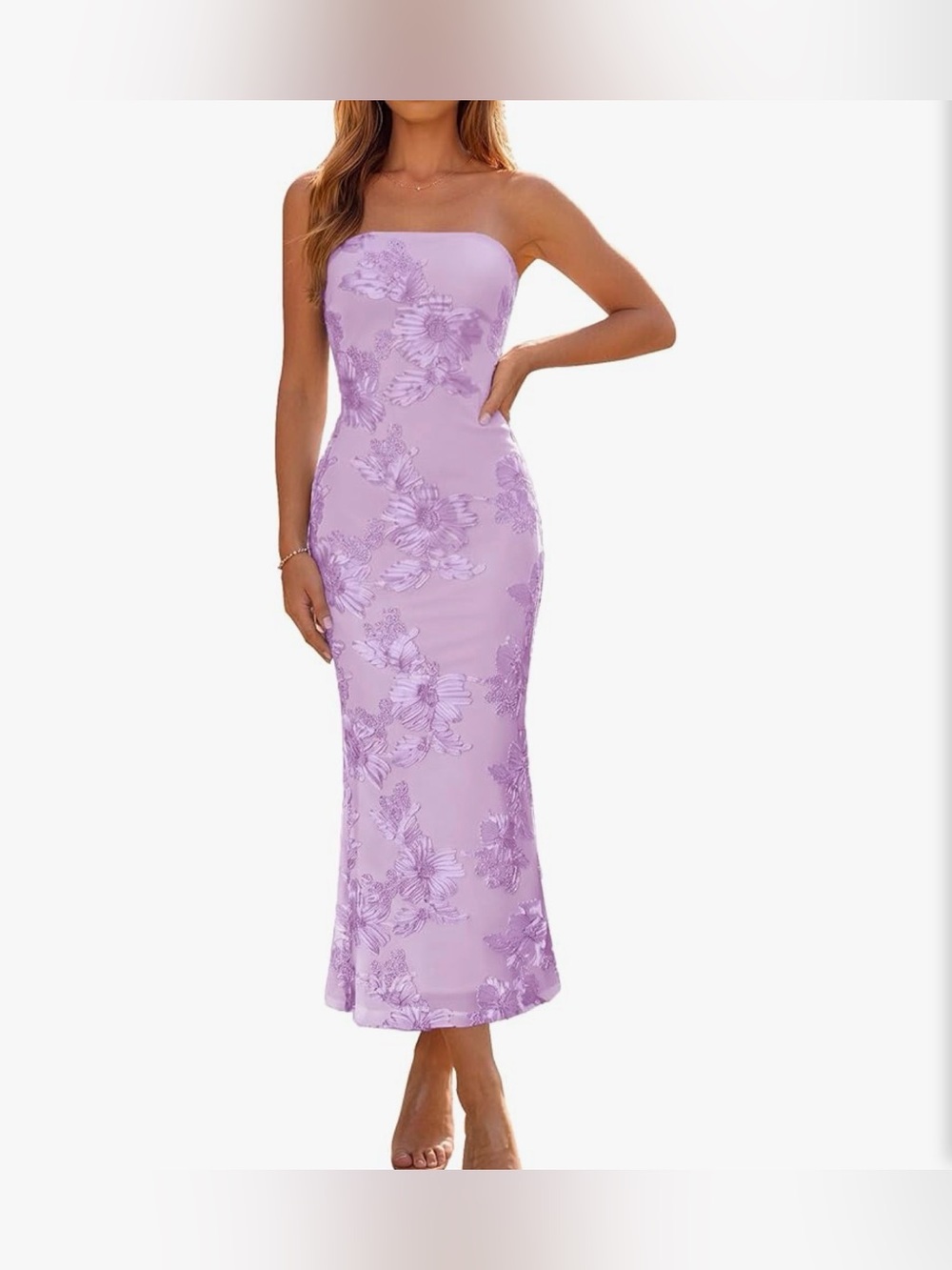Floral Appliqué 3D Purple Midi Dress mesh tube bodycon strapless - NEW medium